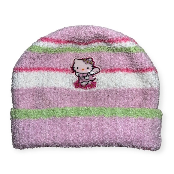 Vintage Sanrio Hello‎ Kitty Angel Flower Striped Fleece Beanie Hat - Picture 4 of 4